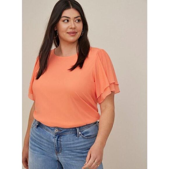 Stretch Mesh And Stretch Challis Crew Neck Double Flutter Sleeve Top (Sz 1) - Picture 6 of 6